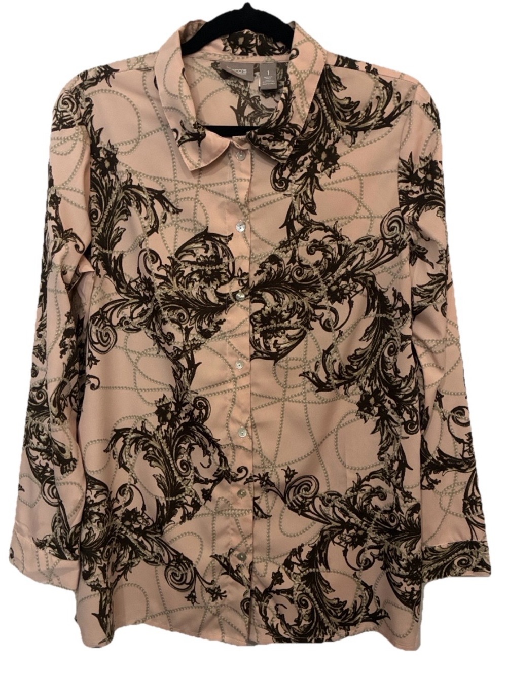 Chico’s Pearl Fleur de Les Button-Up Blouse in Blush Pink and Black